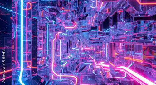 Vibrant neon lit futuristic technology tunnel with pink and blue glowing lines