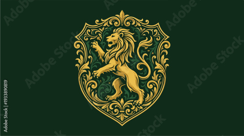 Golden Lion Emblem on Dark Green Background.