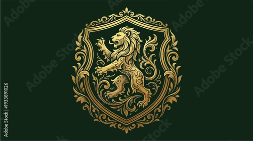 Golden Lion Emblem on Dark Green Background.