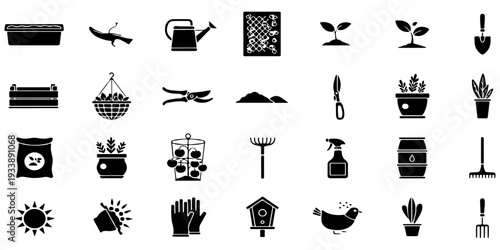 Black Silhouette Gardening and Planting Icons Set. Garden Tools and Equipment Vector Collection.
