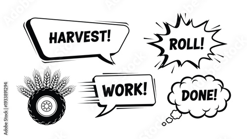 Agricultural Messages: A dynamic graphic, symbolizing agricultural themes with a tractor wheel intertwined with wheat ears, accompanied by speech bubbles conveying essential directives. 