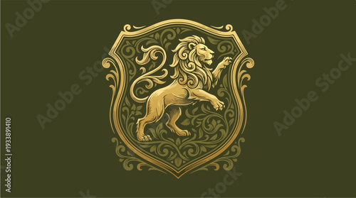 Golden Lion Emblem on a Textured Green Background.