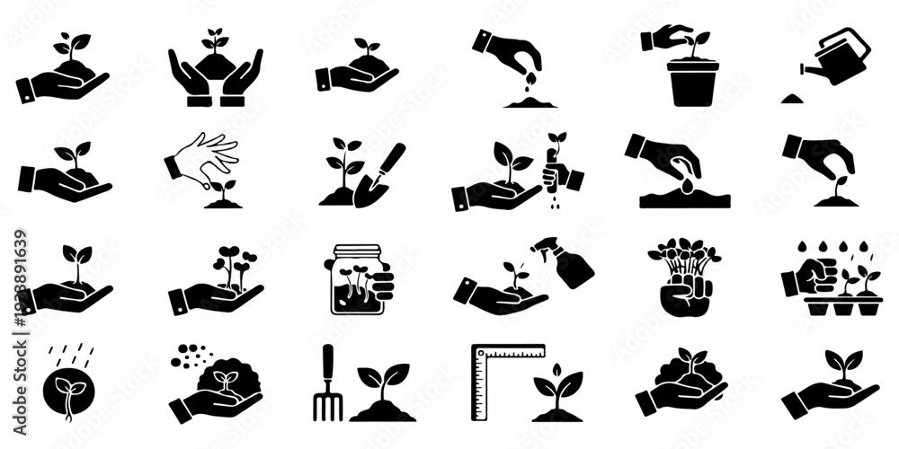 Fototapeta premium Gardening and Planting Icon Set. Cultivation and Growth Vector Symbols.