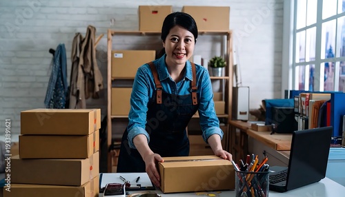 Smiling small business owner packing order in a workshop