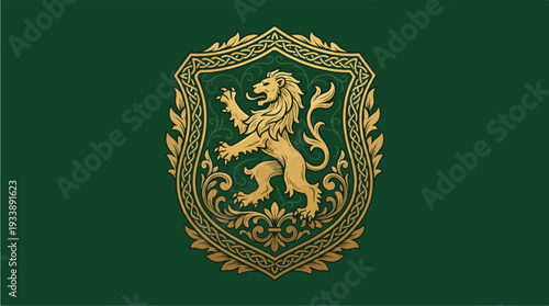 Elegant Golden Lion Emblem on Green Background.