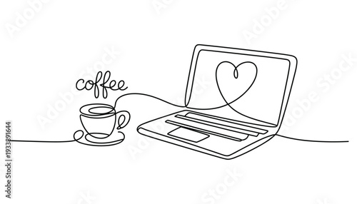 Continuous Line Drawing of Laptop with Heart on Screen and Coffee Cup Minimalist Stock Art