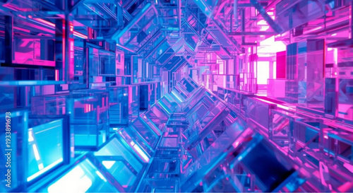 Vibrant neon lit futuristic tunnel with blue and pink hues