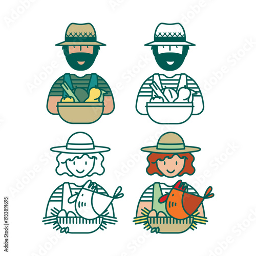 portrait personnage producteur de fruits, légumes, œufs, caricature métier, agriculteur, fermier, maraîcher avatar