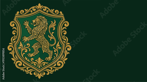 Ornate Golden Lion Emblem on Dark Green Background.