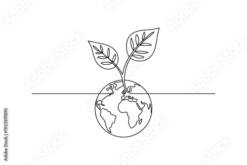 Earth sprout growing leaves single line drawing symbolizing environmental growth and new beginnings minimalist stock concept