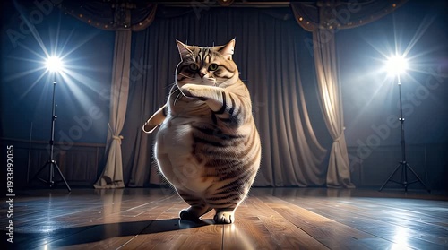 Funny overweight cat dancing on stage with dramatic lighting