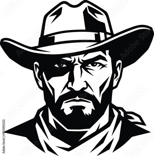 Serious man wearing cowboy hat with intense expression isolated illustration