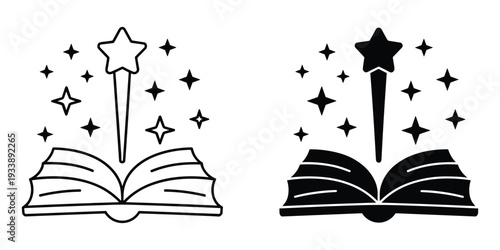 Open Book With Magic Star And Sparkles Fantasy Storytelling Line Art And Silhouette