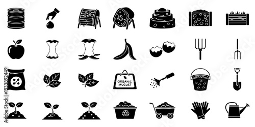 Collection of Composting and Gardening Black Vector Icons