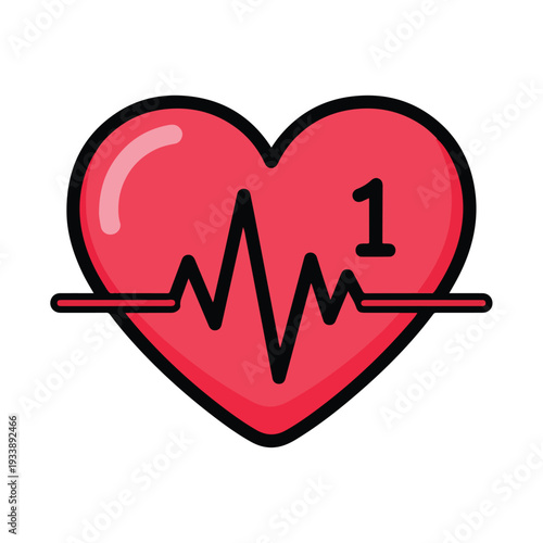 Heart illustration with heartbeat line and number one on a simple background, viewed directly from the front, symbolizing health and cardiology concepts