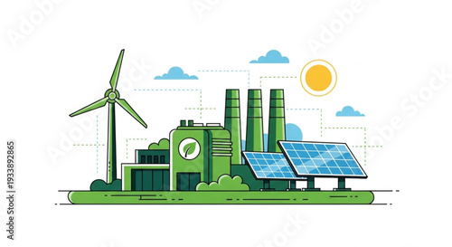 Green energy factory with solar panels and wind turbine.