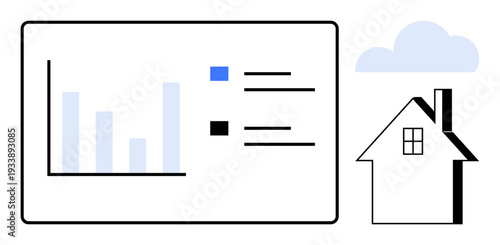 Real estate, data visualization, property investment, housing market analysis, financial planning, property management. Bar chart with data labels next to a house and cloud. Real estate and data