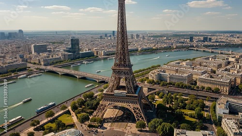 Aerial view of Eiffel Tower with River Seine and Paris cityscape on a clear sunny day