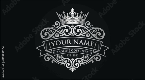 Elegant Royal Crown Emblem with Ornate Flourishes and Banner.