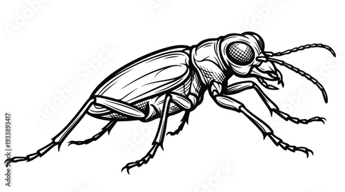 Detailed Black and White Illustration of a Tiger Beetle.