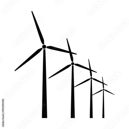 Wind Turbines Lined Up Generating Clean Energy Vector Silhouette Isolated on White
