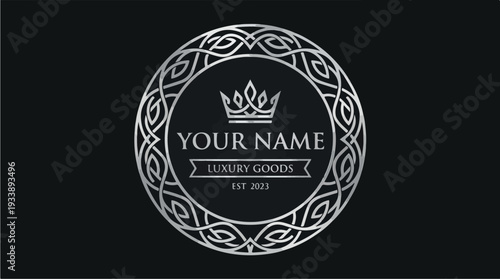 Elegant Luxury Goods Logo with Crown and Ornate Circle.