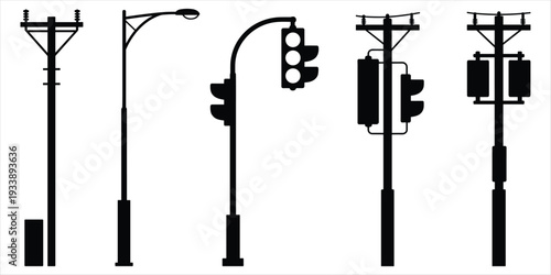 Five Black Silhouettes of Utility Poles and Traffic Lights on White Background power pole telephone pole