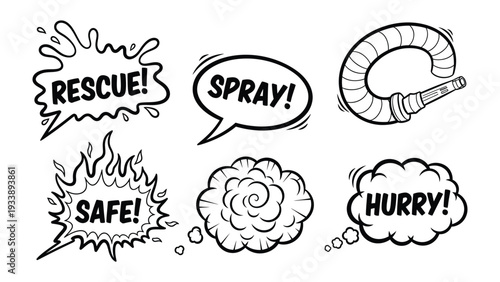 Emergency Communication Icons: A set of six unique illustrated icons, each designed with different shapes and features, depicting emergency communication messages, symbols and expressions.