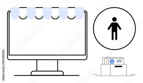 Recruitment concept. Recruitment with a computer, human icon, and a CV folder hiring and job application processes. Recruitment streamlines HR and hiring workflows. For HR, job search, hiring