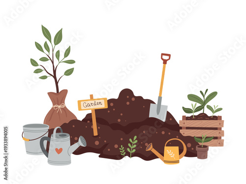 Vector illustration with soil and gardening tools. . Perfect for postcards, posters, articles and websites.