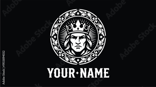 Kings Emblematic Portrait with Royal Crown and Ornate Circle.