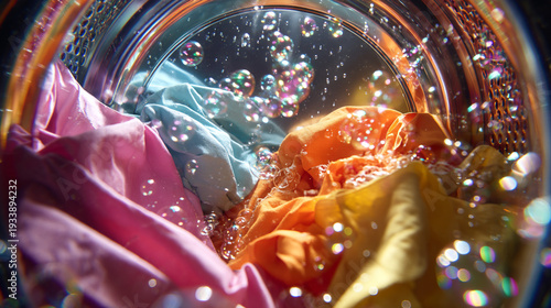 Colorful clothes and bright bubbles spinning inside a washing machine
