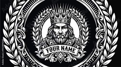 Royal King Portrait Emblem with Laurel Wreath and Crown.
