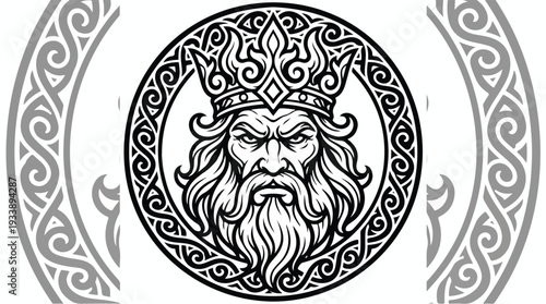 Ancient Kings Majestic Portrait with Ornate Crown and Beard.
