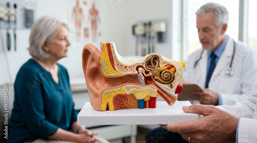 Doctor explaining a detailed ear anatomy model to a senior patient during a hearing consultation. Focus on hearing health