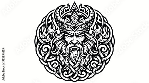 Viking King Portrait with Ornate Celtic Knotwork and Horned Helmet.