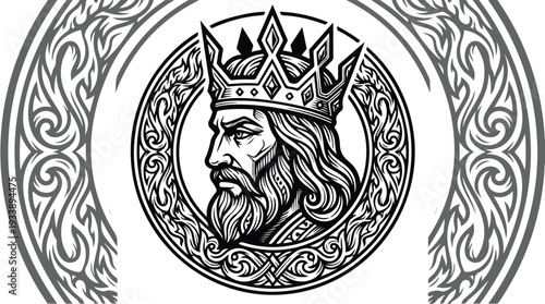 Kings Majestic Portrait with Ornate Crown and Beard.