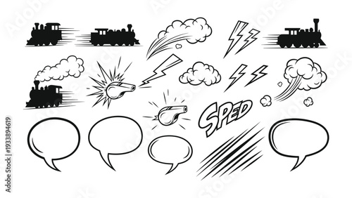 Comic Train Icon Set: Whimsical illustrations, steam trains, speed and dialogue balloons bring the energy and action to life. 