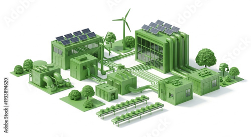 Green Energy Power Plant with Solar Panels and Wind Turbine.