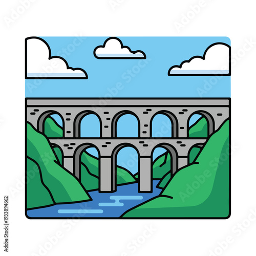 Serene landscape illustration of an ancient stone aqueduct bridge crossing a river valley with lush green hills under a blue sky with white clouds