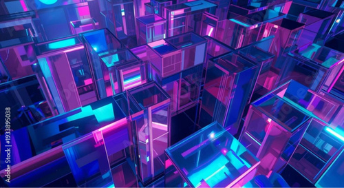 Vibrant 3D cubes in blue and pink neon lights create dynamic modern architecture
