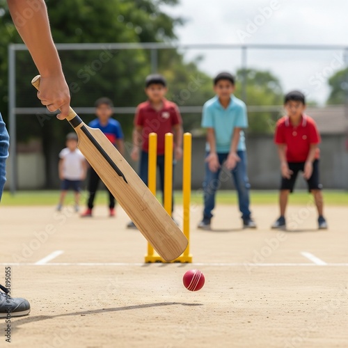 A wooden bat making contact with a tennis ball in a game of street cricket, with children fielding in the blurred background, highlighting youthful recreation