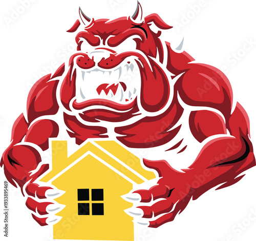 Angry red monster destroying house, aggressive cartoon mascot character vector illustration isolated on light background for property damage concept