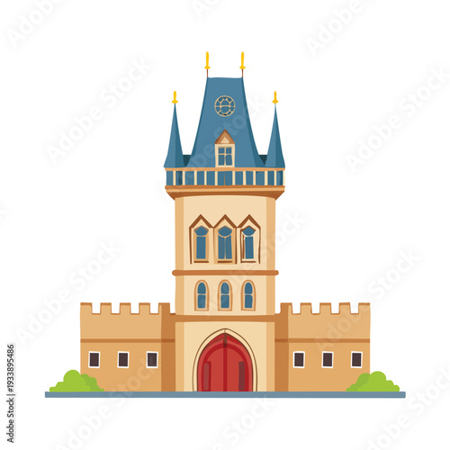 Cartoon illustration of a tall castle tower on a white background