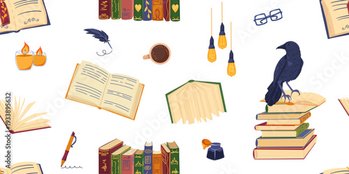 Seamless pattern with vintage books stack, open pages, feather quill, ink bottle, raven, coffee cup. Gothic reading, writing background in dark academia style. Illustration for wrapping, textile