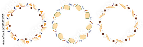 Books circle frames set. Poet core. Poster with vintage books, feather, ink. Writer aesthetic. Vector round template with copy space for bookstore, bookshop, library, postcard, invitation, book club