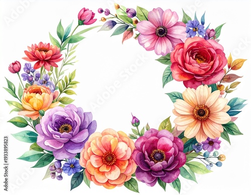 Vibrant Watercolor Floral Wreath - A Colorful and Artistic Botanical Arrangement.