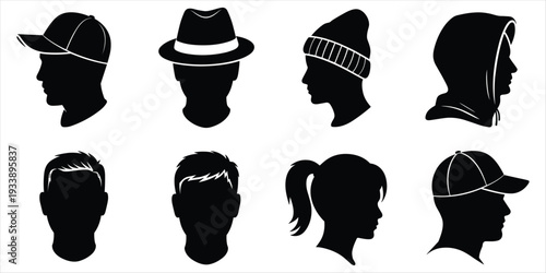 Silhouettes of various headwear and hairstyles on a white background beanie