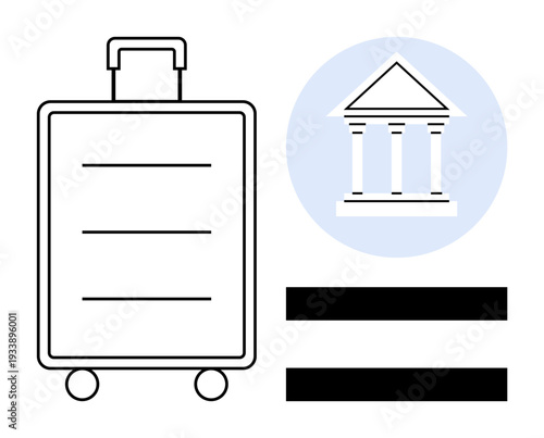 Luggage alongside a classical bank structure and equal sign representing travel, financial access, equality, banking, tourism, globalization, and wealth distribution portrayed as a simple flat