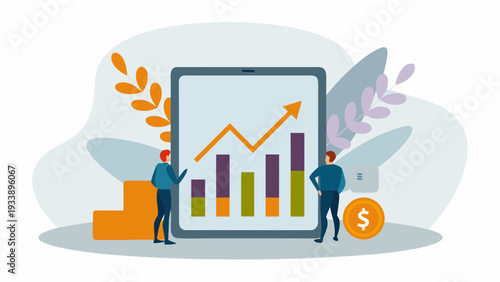 Business professionals analyzing growth chart on large mobile device
